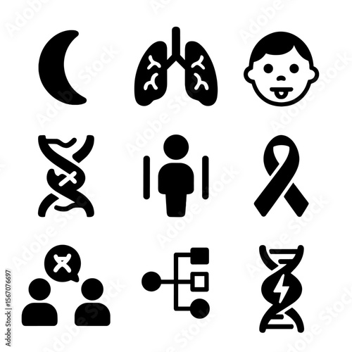 Hereditary Disease Icons. Solid, filled icon set of hereditary diseases and disorders: sickle cell, cystic fibrosis lungs, Down