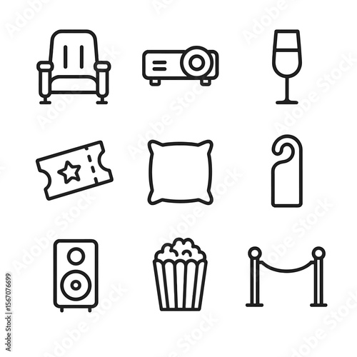 VIP Cinema Icons. Outline icon set of VIP cinema screening: red velvet seat, projector lens, champagne glass, golden ticket stub,