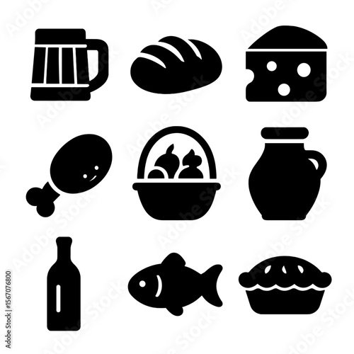 Historic Feast Icons. Solid, filled icon set of historical reenactment food and drink: wooden mug, bread loaf, cheese wheel,