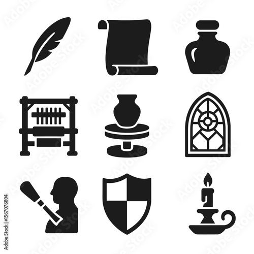 Renaissance Craft Icons. Solid, filled icons set of craft renaissance: quill pen, parchment scroll, inkwell,