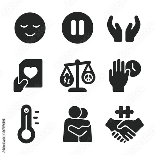 Conflict Resolution Icons. Solid, filled icons set of resolving conflicts healthily: calm face, pause button,
