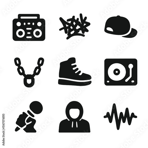 Hip Hop Icon Grid. Solid, filled icon set of hip hop culture: boom box, graffiti tag, snapback hat, gold chain, urban shoes, DJ