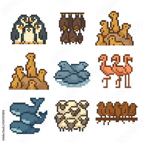 Communal Sleep Icon Set. Pixel art icon set of communal sleep arrangements: penguin huddle, bat cluster, prairie dog town, meerkat