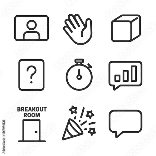 Virtual Icebreaker Icons. Outline icon set of virtual icebreaker activities: video call window, hand wave emoji, ice cube icon,