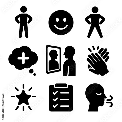 Confidence Building Icons. Solid, filled icons set of confidence building: standing tall, smiling face, power