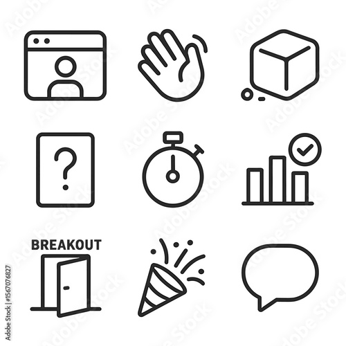 Virtual Icebreaker Icons. Outline icon set of virtual icebreaker activities: video call window, hand wave emoji, ice cube icon,