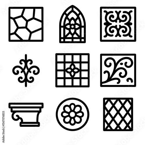 Decorative Pattern Icons. Solid, filled icon set of architectural decorative patterns: mosaic floor, stained glass, carved stone,