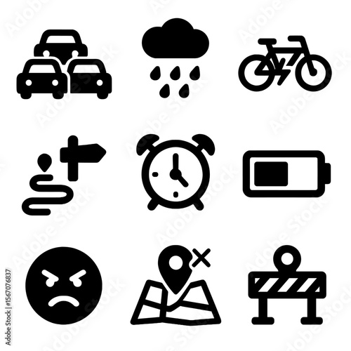 Delivery Challenges Icons. Solid, filled icon set of delivery challenges: traffic jam, rain cloud, broken bike, lost route, clock