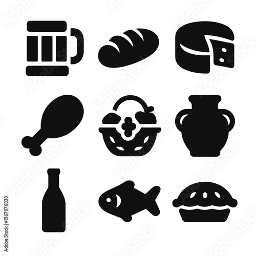 Historic Feast Icons. Solid, filled icon set of historical reenactment food and drink: wooden mug, bread loaf, cheese wheel,