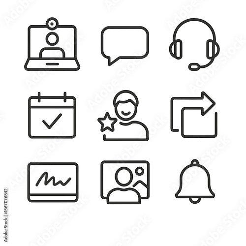 Virtual Meet-Up Icons. Outline icon set of virtual meet-and-greets: laptop with webcam, chat bubble, headset, calendar invite, fan