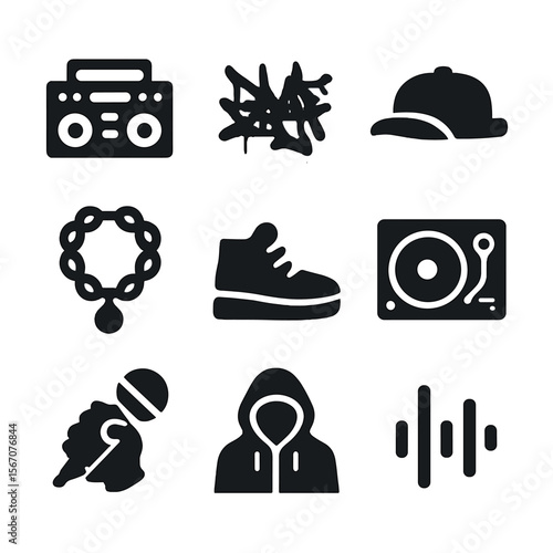 Hip Hop Icon Grid. Solid, filled icon set of hip hop culture: boom box, graffiti tag, snapback hat, gold chain, urban shoes, DJ