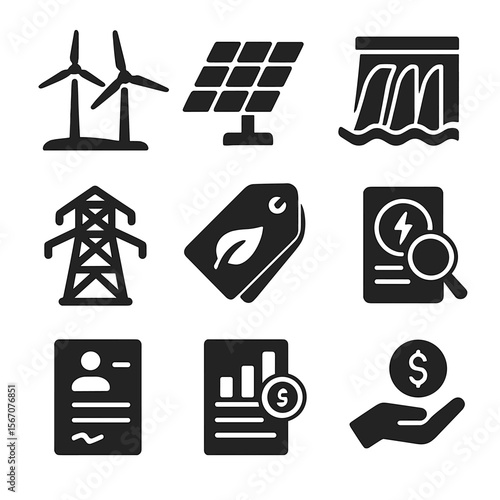 Renewable Energy Icons. Solid, filled icons set of renewable energy bond assets: wind farm, solar cell, hydro