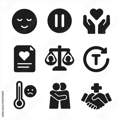 Conflict Resolution Icons. Solid, filled icons set of resolving conflicts healthily: calm face, pause button,