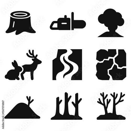 Deforestation Impact Icons. Solid, filled icon set of deforestation impacts: stump, chainsaw icon, eroded land, smoke cloud,