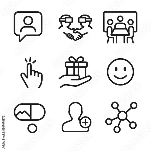 Virtual Interaction Icons. Outline icon set of virtual social interactions: chat bubble with avatar, handshake in VR, group