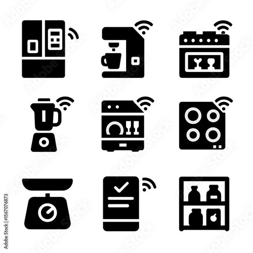Connected Kitchen Devices. Solid, filled icons set of connected kitchen devices: smart fridge, coffee machine,