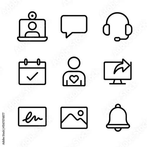 Virtual Meet-Up Icons. Outline icon set of virtual meet-and-greets: laptop with webcam, chat bubble, headset, calendar invite, fan