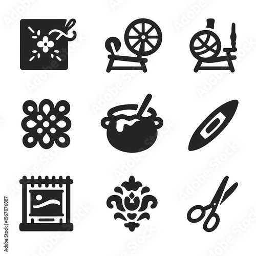 Renaissance Textile Icons. Solid, filled icons set of textile crafts in the renaissance: embroidered fabric,