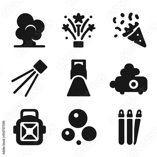 Event Effects Icons. Solid, filled icon set of effects and ambiance: smoke, pyrotechnics, confetti, laser, spotlight, fog, strobe