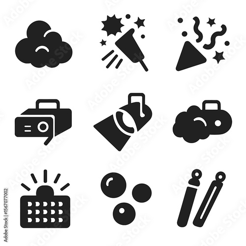 Event Effects Icons. Solid, filled icon set of effects and ambiance: smoke, pyrotechnics, confetti, laser, spotlight, fog, strobe
