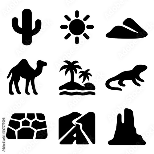 Desert Icon Set. Solid, filled icon set of sunny desert environment: cactus, blazing sun, sand dune, camel, mirage, lizard, dry