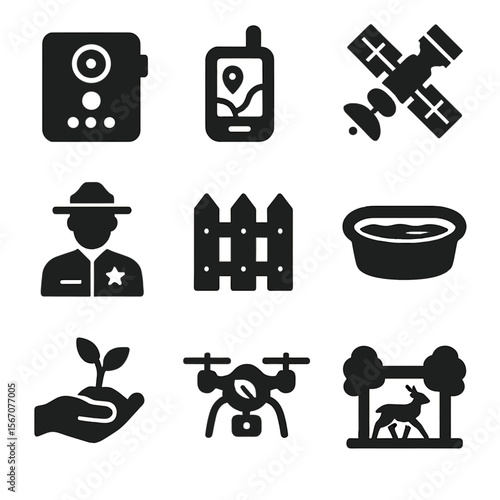 Conservation Tools Icons. Solid, filled icons set of conservation tools and methods: camera trap, GPS tracker,