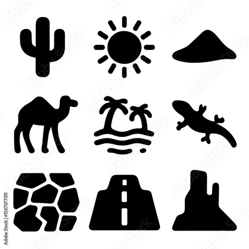 Desert Icon Set. Solid, filled icon set of sunny desert environment: cactus, blazing sun, sand dune, camel, mirage, lizard, dry
