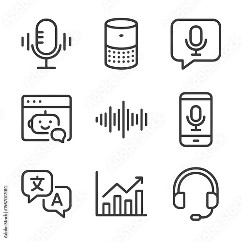 Voice Interface Icons. Outline icon set of voice search and conversational interfaces: microphone with sound waves, smart speaker,