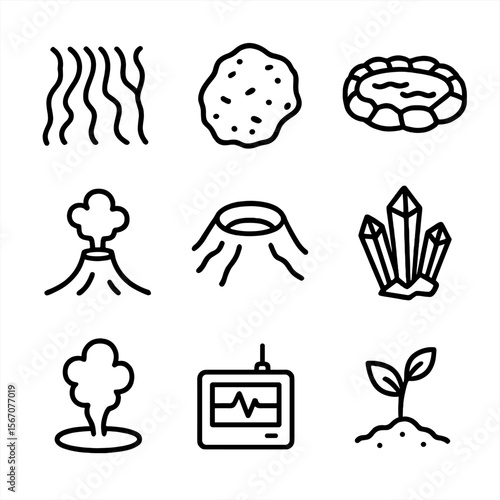 Volcanic Icon Set. Outline icon set of volcanic environment and features: lava flow pattern, volcanic rock sample, hot spring pool