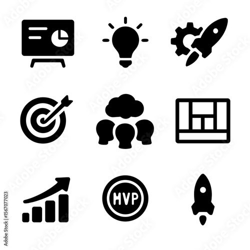 Startup Tool Icons. Solid, filled icon set of startup innovation tools: pitch deck, idea bulb, prototype gear, launch rocket,