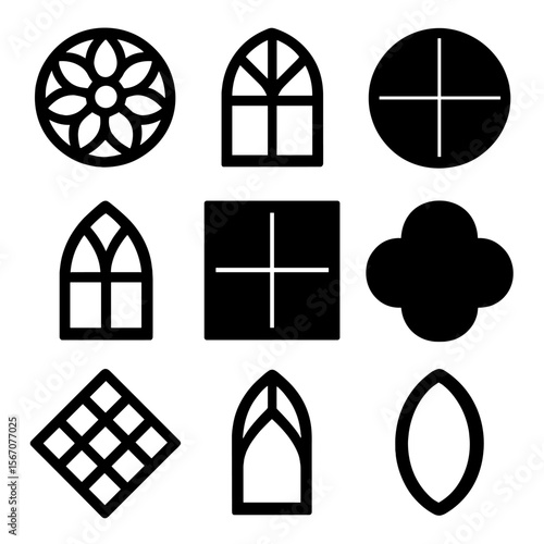 Stained Glass Icon Grid. Solid, filled icon set of stained glass window shapes: rose window, arched panel, circular pane, gothic