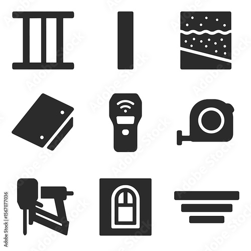 Room Expansion Icons. Solid, filled icons set of room expansion and walls: wall frame, support beam,