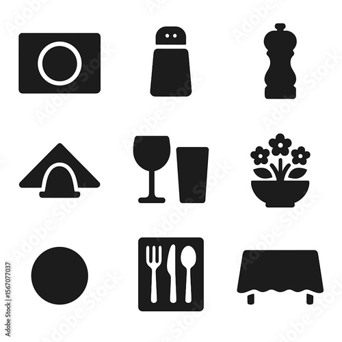 Dining Table Icons. Solid, filled icon set of dining table elements: placemat, salt shaker, pepper grinder, napkin holder,