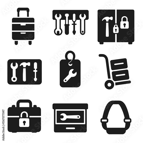 Construction Tool Icons. Solid, filled icons set of construction tool storage and handling: rolling toolbox,