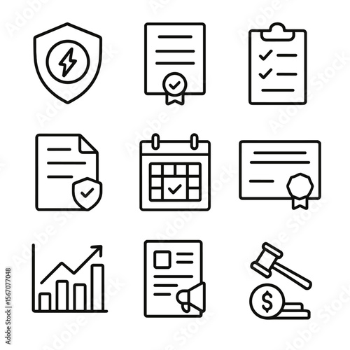 Compliance Icons Grid. Outline icon set of compliance and regulation: NERC CIP badge, ISO certificate, audit checklist, policy