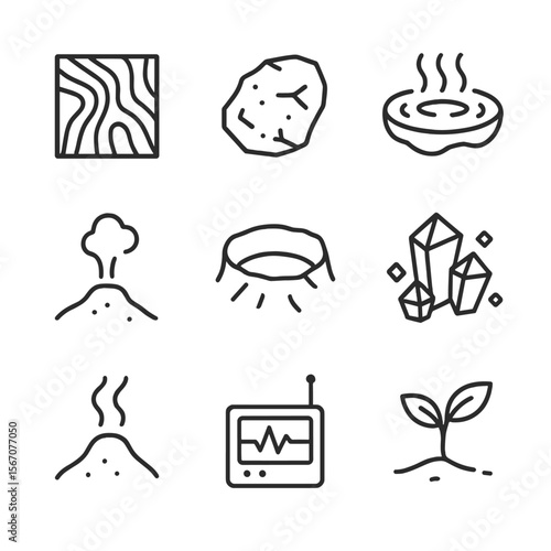 Volcanic Icon Set. Outline icon set of volcanic environment and features: lava flow pattern, volcanic rock sample, hot spring pool