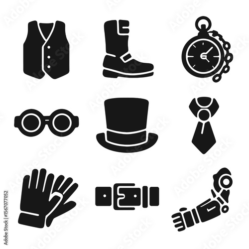 Steampunk Fashion Icon Set. Solid, filled icon set of steampunk fashion elements: waistcoat, leather boots, pocket watch chain,