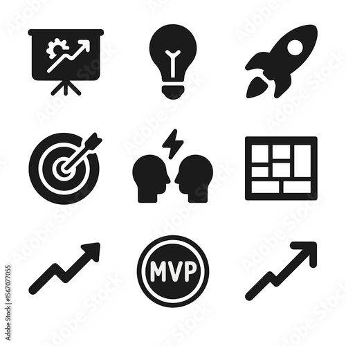 Startup Tool Icons. Solid, filled icon set of startup innovation tools: pitch deck, idea bulb, prototype gear, launch rocket,