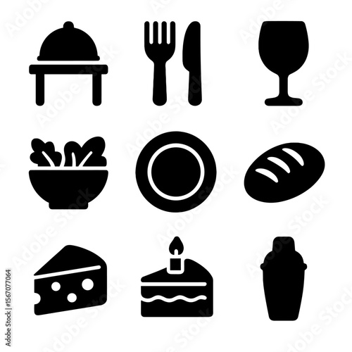Dining Icon Set. Solid, filled icon set of dining and food: buffet table, fork and knife, plate, wine glass, salad bowl, bread