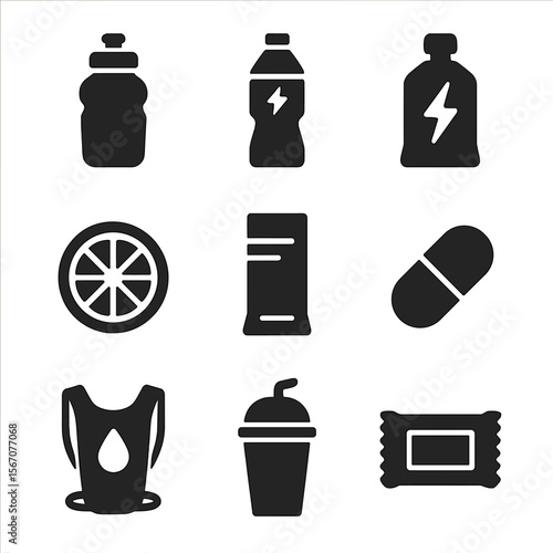 Runner's Nutrition Icons. Solid, filled icons set of hydration and nutrition for runners: water flask,