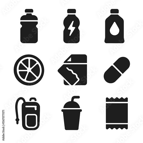 Runner's Nutrition Icons. Solid, filled icons set of hydration and nutrition for runners: water flask,