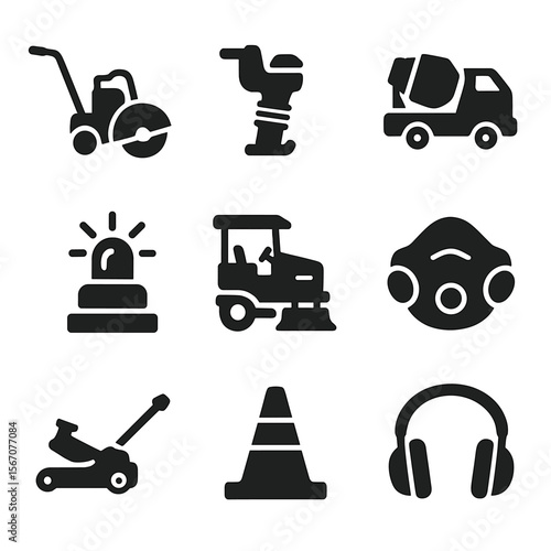Construction Tools Icons. Solid, filled icons set of road construction power tools: asphalt cutter, vibration