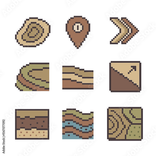 Contour Farming Icons. Pixel art icon set of contour farming furrows: topographic line, elevation marker, contour arrow, terraced