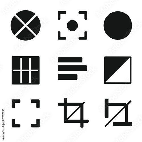 Design Icon Grid. Solid, filled icon set of design and layout emphasis: color wheel, focal dot, gradient center, layout grid,
