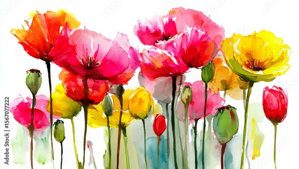 Fototapeta premium A beautiful watercolor illustration of a wildflower meadow, featuring a mix of colorful flowers including tulips, poppies, and daisies, can be used to create stunning wedding invitations, greeting