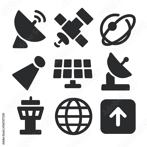 Satellite Icon Grid. Solid, filled icons set of satellite technology: communication dish, satellite icon,