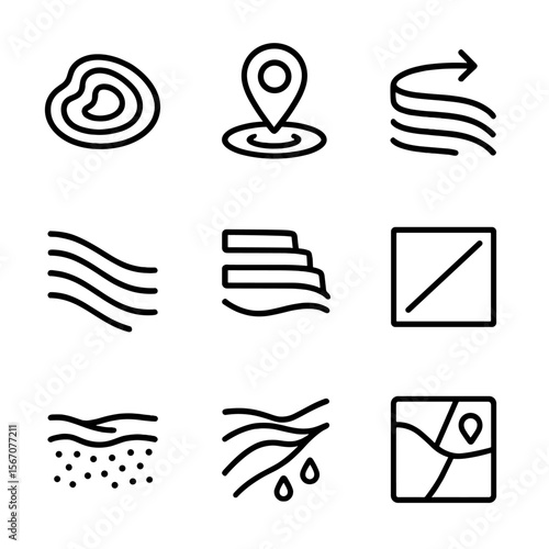 Contour Farming Icons. Flat icon set of contour farming furrows: topographic line, elevation marker, contour arrow, terraced slope