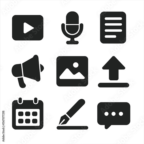 Content Creation Icons. Solid, filled icons set of content creation for personal brand: video clip, podcast