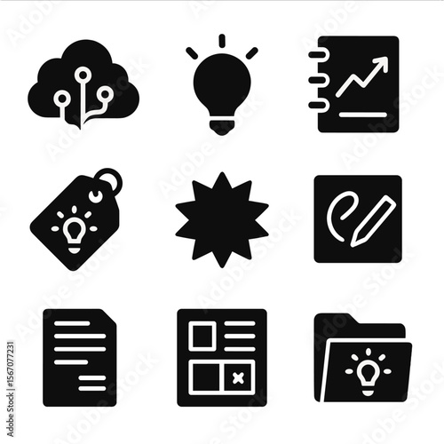 Content Creation Icons. Solid, filled icons set of content ideation for short videos: brainstorm cloud, light
