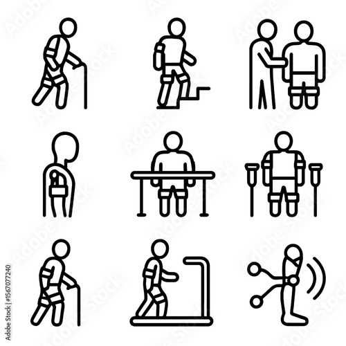 Exoskeleton Icon Set. Solid, filled icon set of Mobility and rehabilitation exoskeletons: assisted walking, stair climbing,